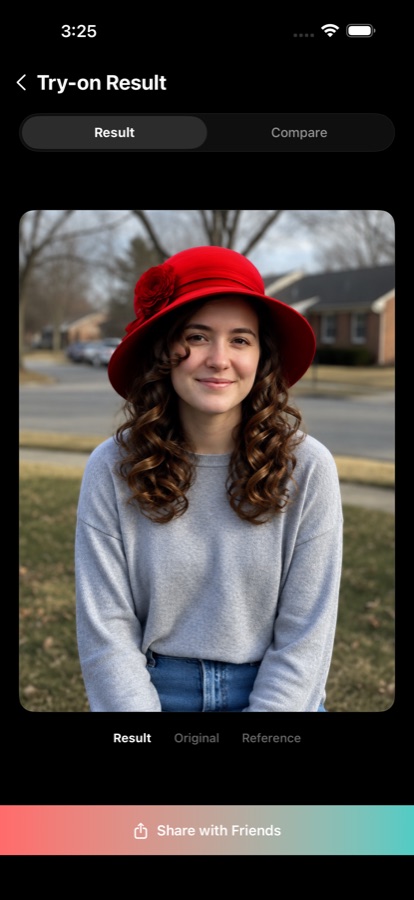 LookSync try-on result showing a red hat synced onto a photo